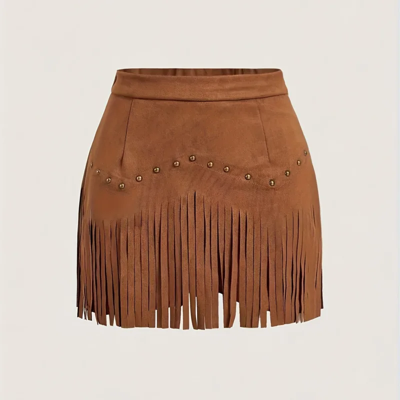 Faux Suede Skirt Rivet Tassel Vintage A Line Women Ladies Retro Mini High Waist Light Brown S Boho Streetwear Festival Outfit