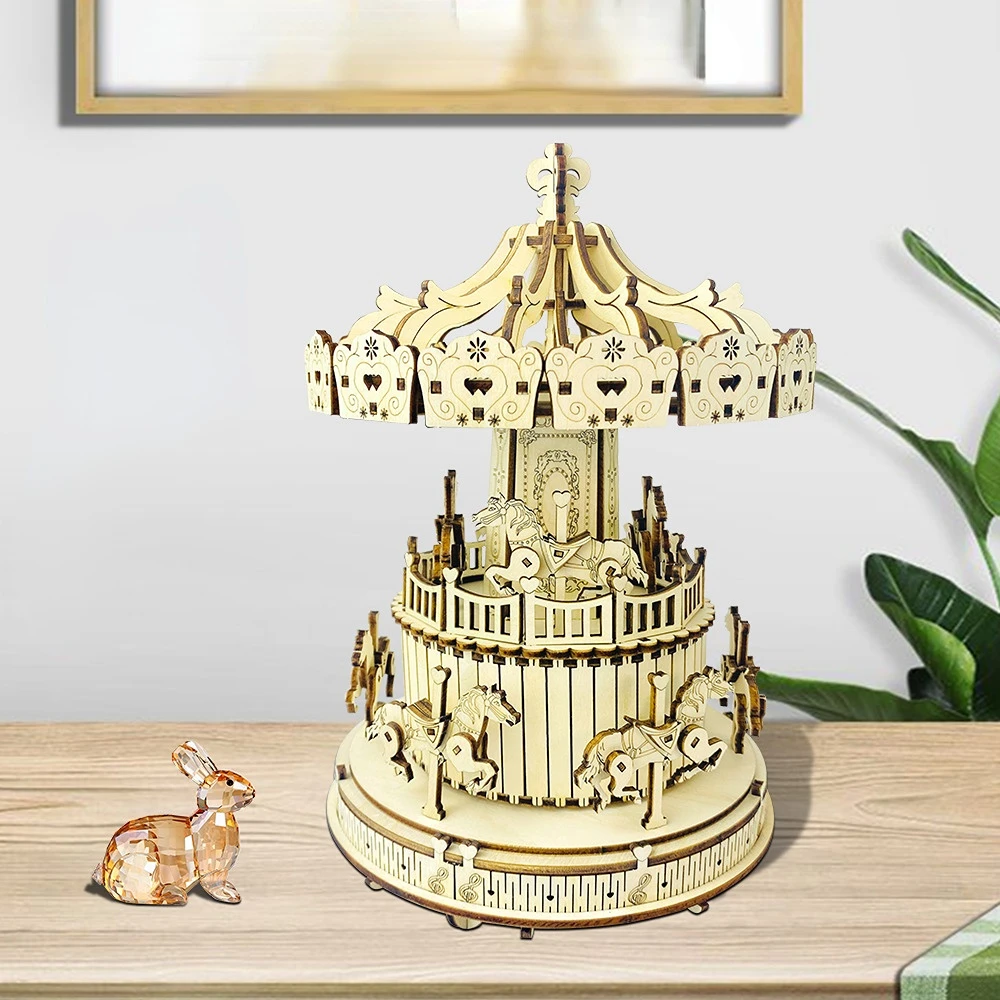 DIY Hand-assembled Carousel Music Box Creative ornament 3D Puzzle Gift Home Decoration Crafts Children Educational Toy Figurines