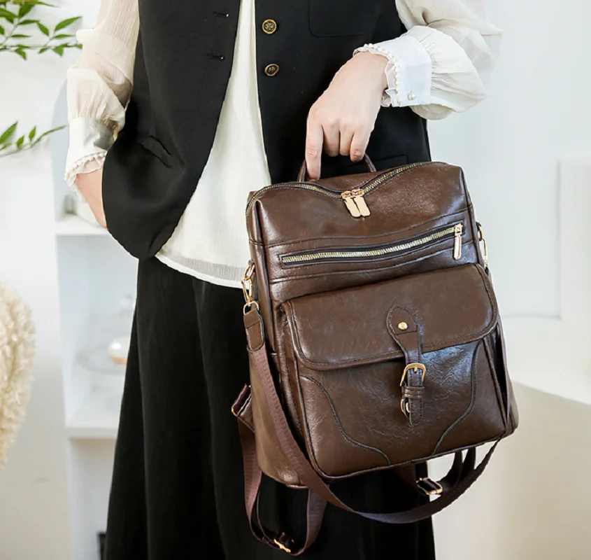 

2026 New Korean Fashion Soft Leather Travel Backpacks Women's Preppy Style School Bag High Capacity Laptop Shoulder Bags Totes