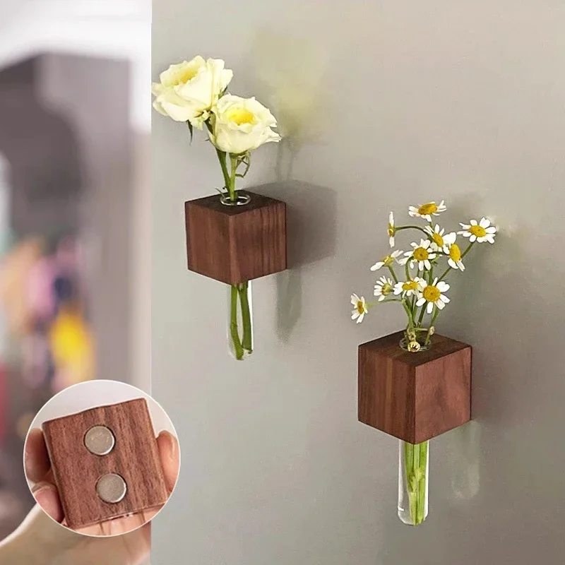 1 stücke Holz Magnetische Reagenzglas Vase Kühlschrank Magnet DIY Blume Anordnung Simulation Blume Vase Home Küche Dekoration