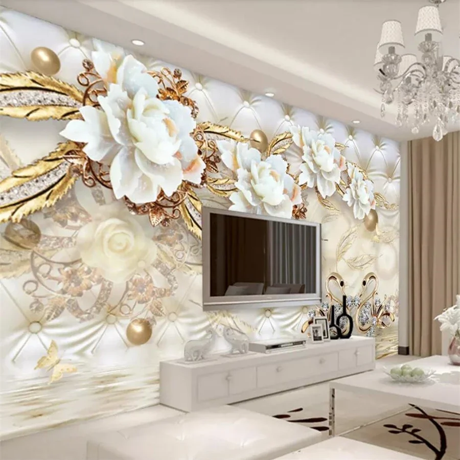Custom wallpaper fashion 3d photo mural luxury golden white flowers soft pack ball jewelry wall paper square jade carving rose