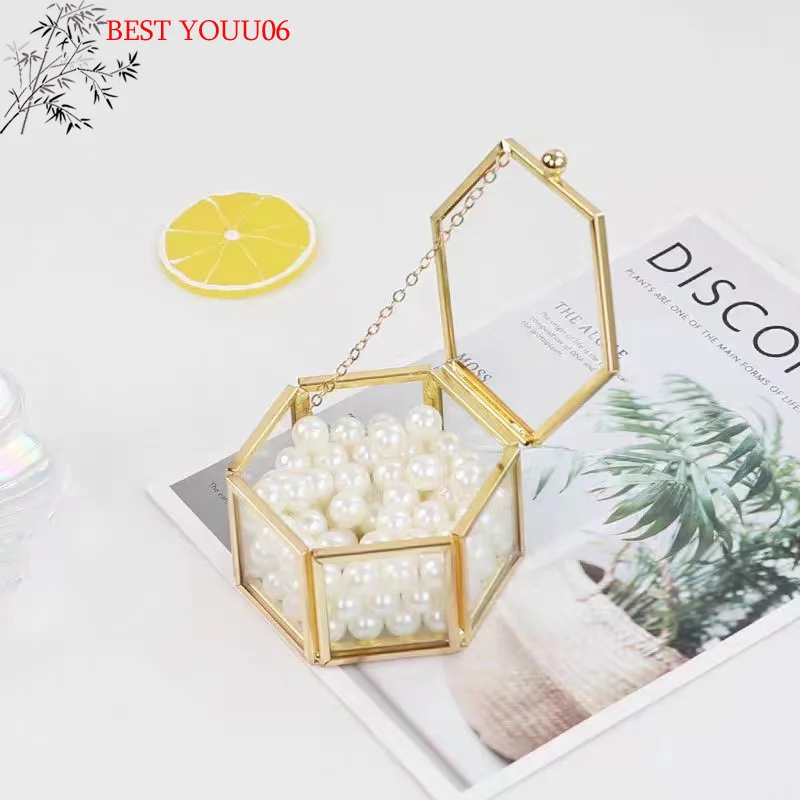 Hot Luxurious High-end Hexagonal Ring Box Gold And Jewelry Accessory Box Golden Glass Retro Jewelry Storage Box