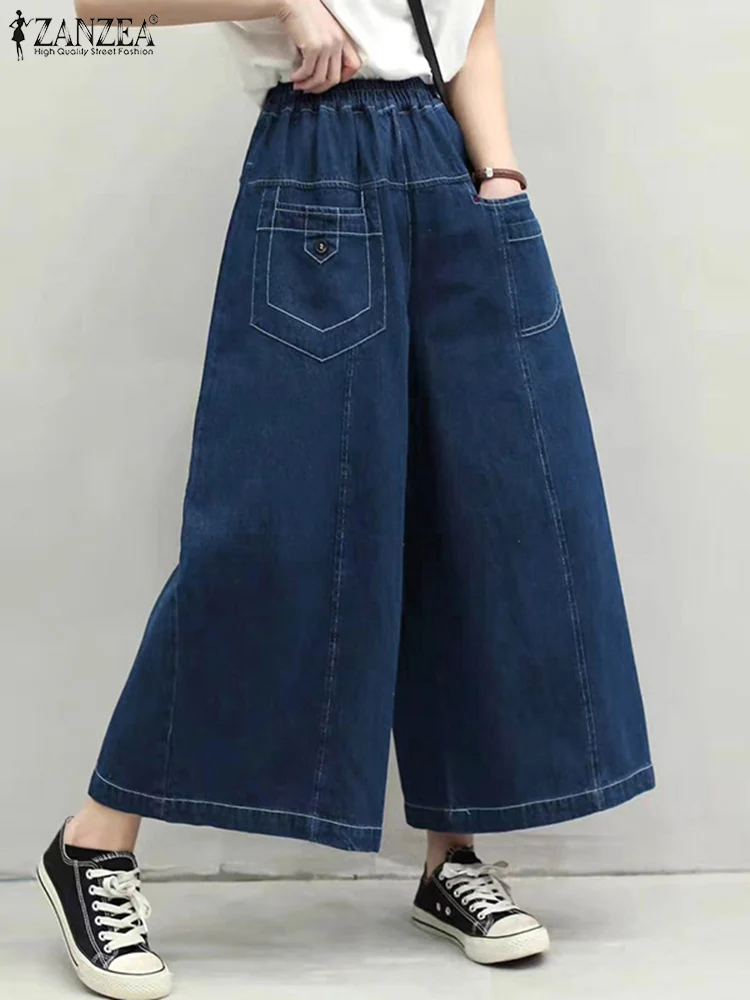 

ZANZEA Women Vintage Wide Leg Pants 2025 Fashion Loose Solid Color Long Trouses Summer High Waist Elegant Casual Pants Oversized