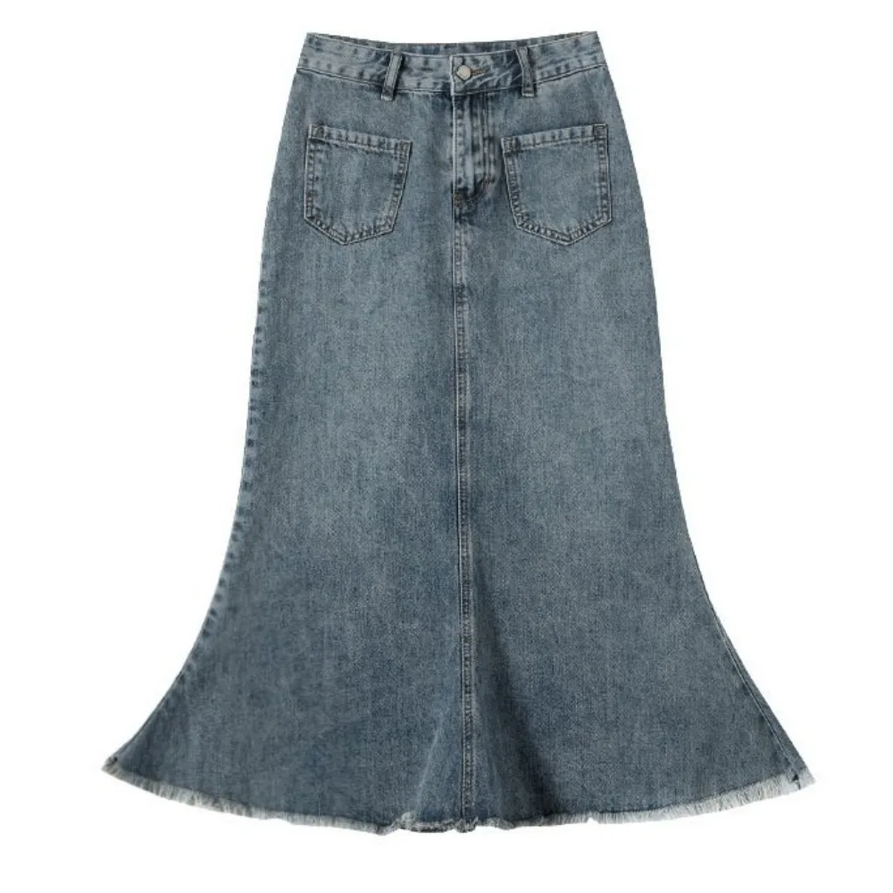 

Simple High Waist Denim Skirt Women Retro Chic High Waist Long Skirt Loose Solid Color Hairy Fishtail Skirt Summer