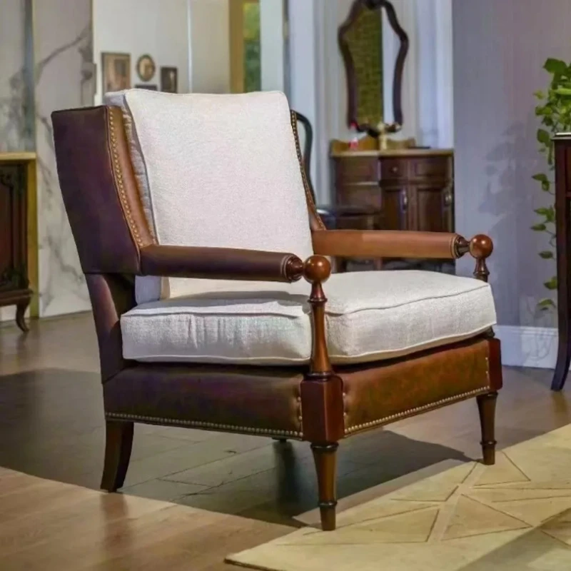 

American retro straight-row leather sofa | Brown old oil wax leather, medieval style living room furniture, suitable for villas