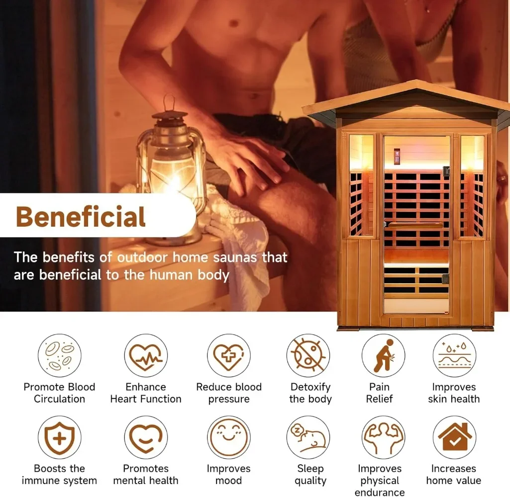 Sauna, Outdoor Sauna 2 Person Inner Board Hemlock Wood/Outer Board Red Cedar 8 Heating Panels 1800W Infrared Sauna for Home