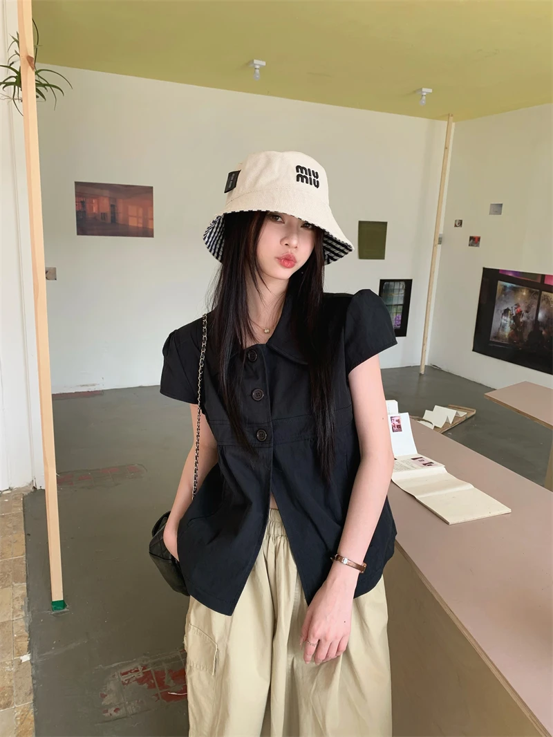 

Kumikumi Gentle Wind Black Shirt And Skirt Set Women's Summer Fashion Slimming High Waist Midi Two Piece Ensemble