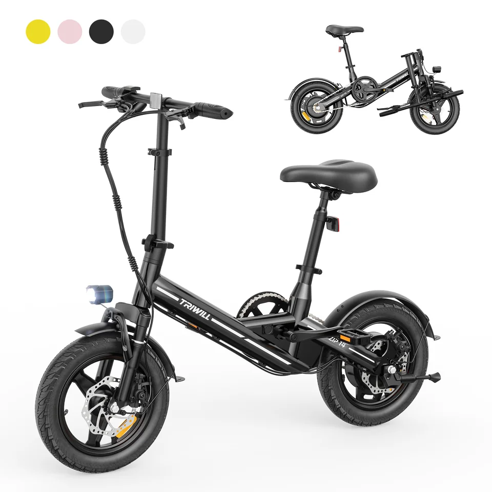 14 Inch Folding Electric Bike for Adults Students, 350W Motor 1000W Peak, 7.8Ah Battery Mini City Ebike, Max 16.8MPH 6.2‑7.5Miles Range, Shock‑Absorbing Fork Mechanical Disc Brake for Commuting Camping Park, Black Pink White image 13