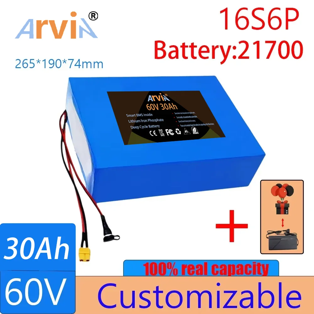 

60V 30Ah 21700 16S6P Lithium Ion Battery Pack 2500W Power Tool Batteries Outdoor Backup Batteries With 40A BMS+67.2V charger