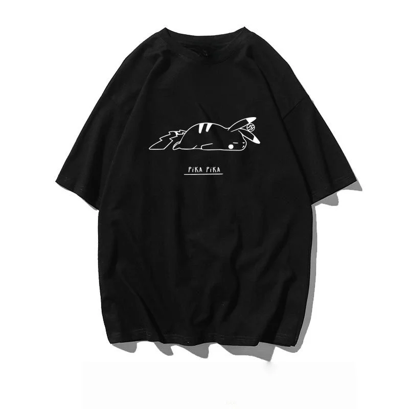 Minimalist Napping Elf Line Art Tee, Simple Black Sketch Letter Print Soft Cotton Top For Daily Casual Street Relaxed Outfits