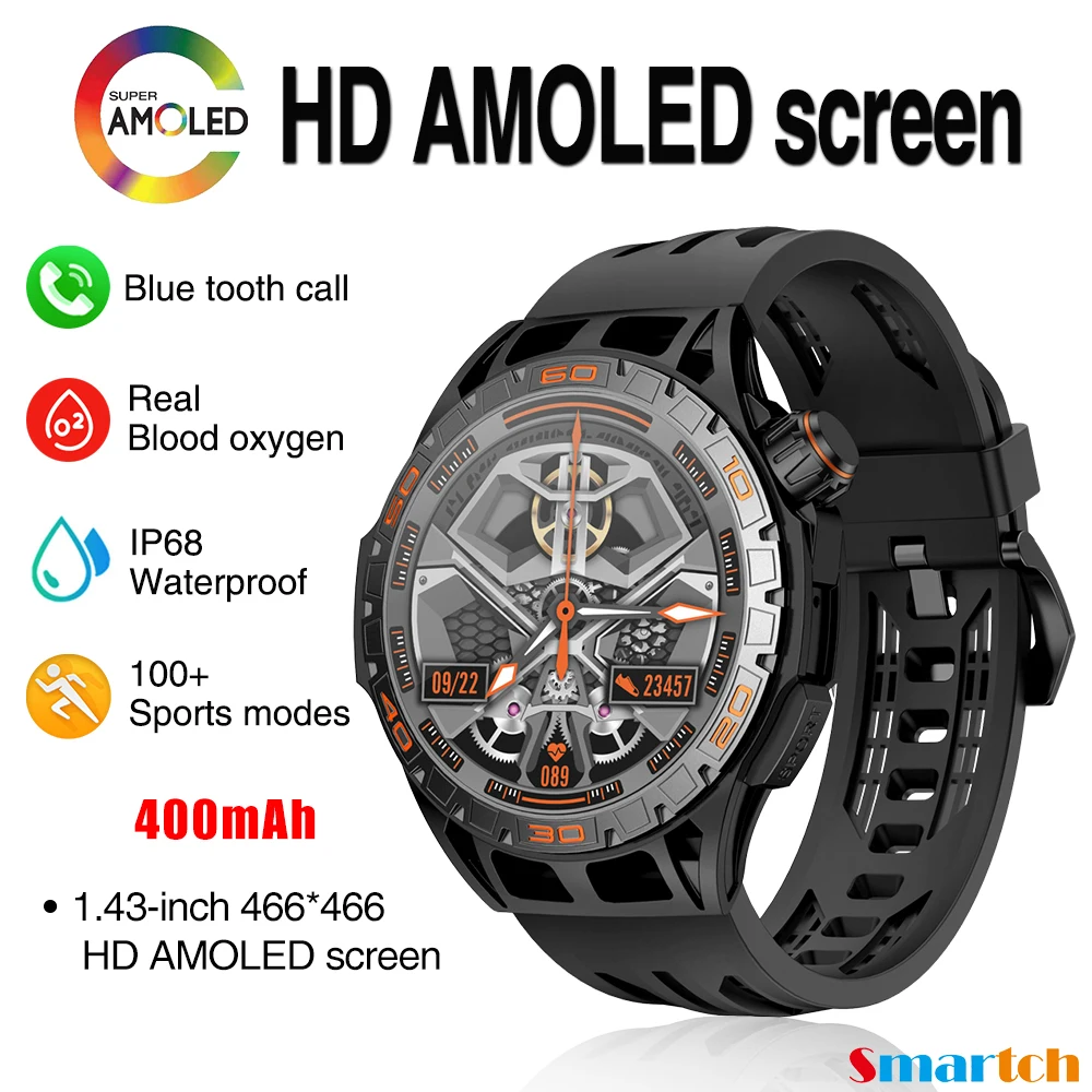 

1.43" AMOLED Screen Outdoors Sports Smart Watch Heart Rate Blood Oxygen 400MAH Watches Blue Tooth Call Waterproof Men Smartwatch