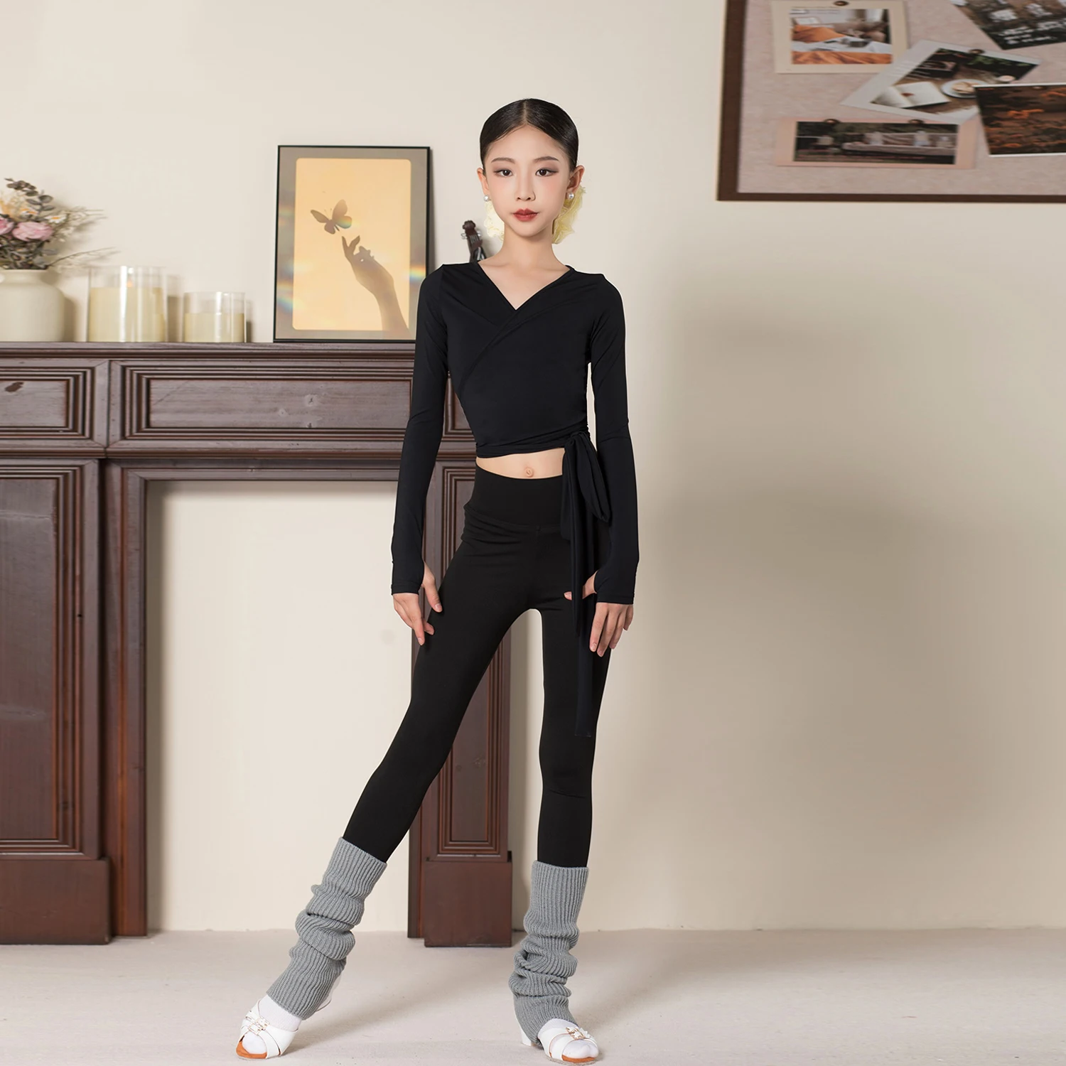 

Комплект длинных брюк с косым воротником и длинными рукавами 2024, тренировочная одежда для девочек, детская одежда для чача, румбы, танго, латинская одежда XH3133