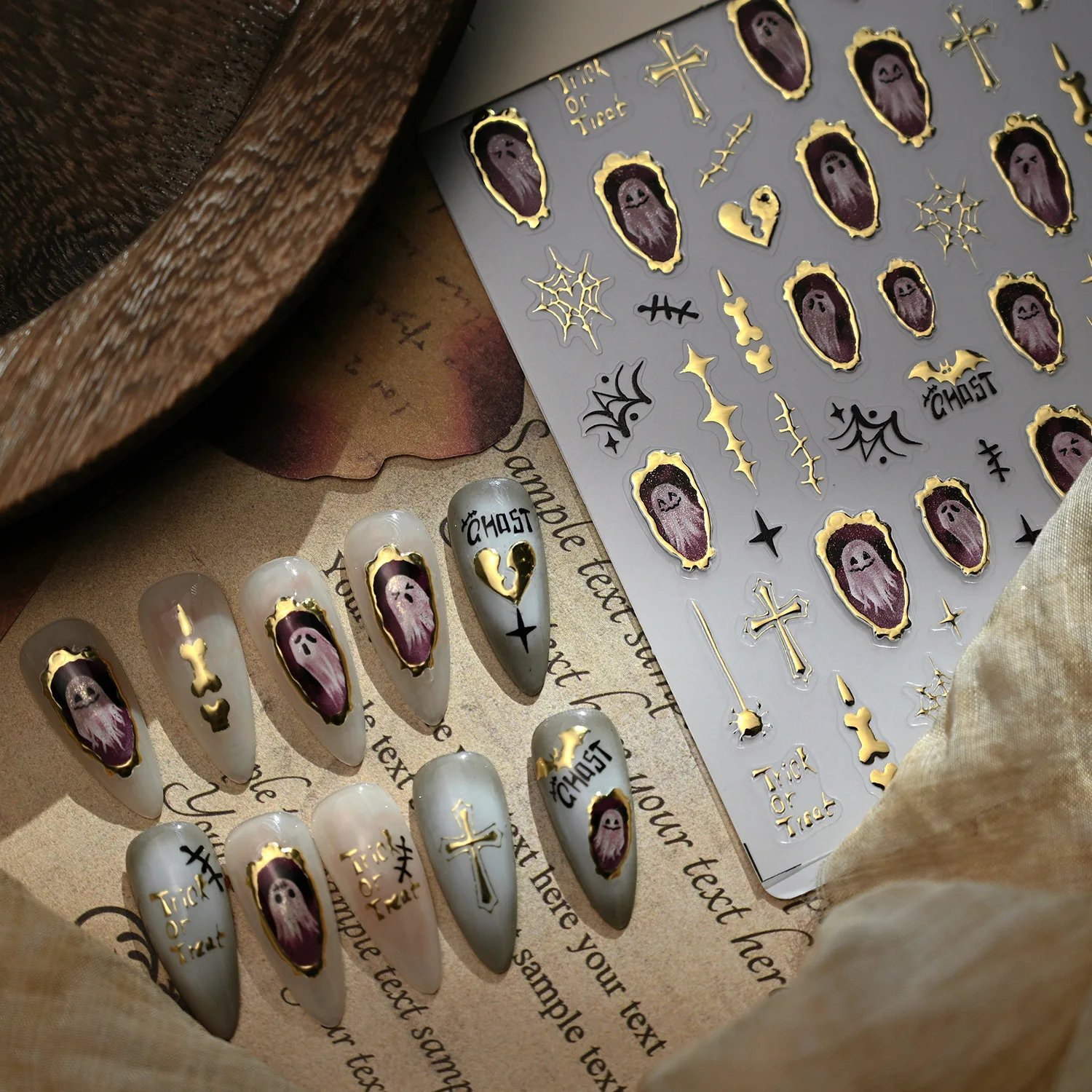 Halloween Nails Sticker Decoration 5D Retro Gilding Bat Cross Ghost Self Adhesive Nail Art Stickers DIY 3D Chic Manicure Decals