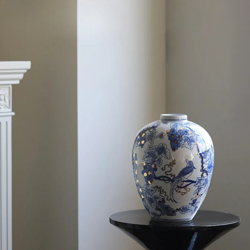 Chinese blue and white porcelain ceramic vase art ornament entrance living room flower arrangement decoration retro senior gift