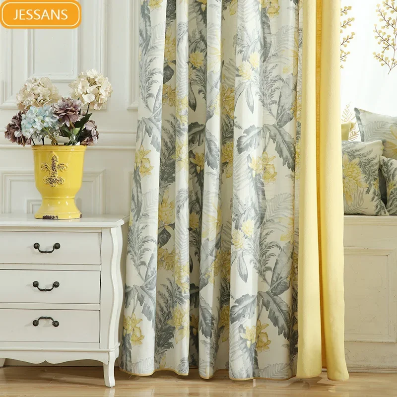 Yellow Plant Printed Cotton and Linen Patched Curtains for Living Room Bedroom French Window Balcony Customized Products