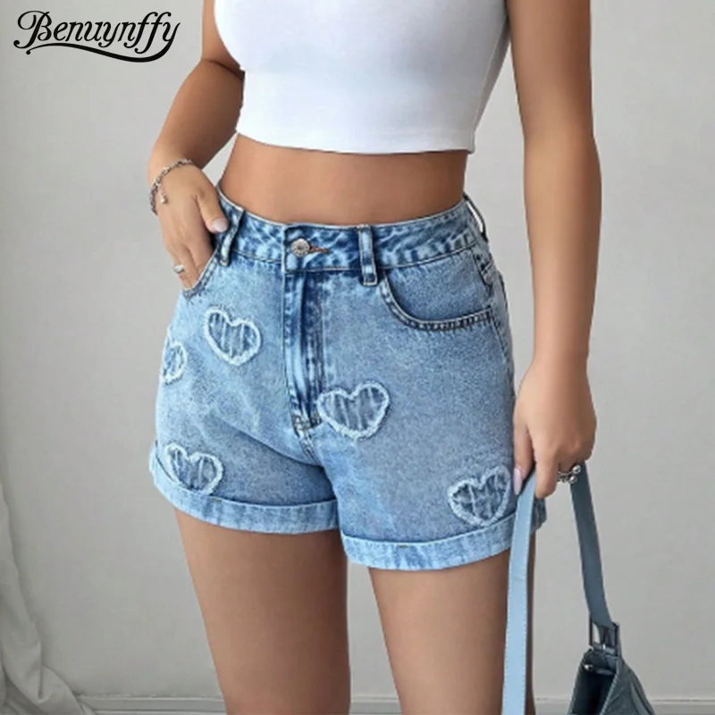 

Benuynffy Fashion Y2K Rolled Hem Denim Shorts Women's Summer High Waist Jean Shorts Female Casual Streetwear Vintage Short 2025