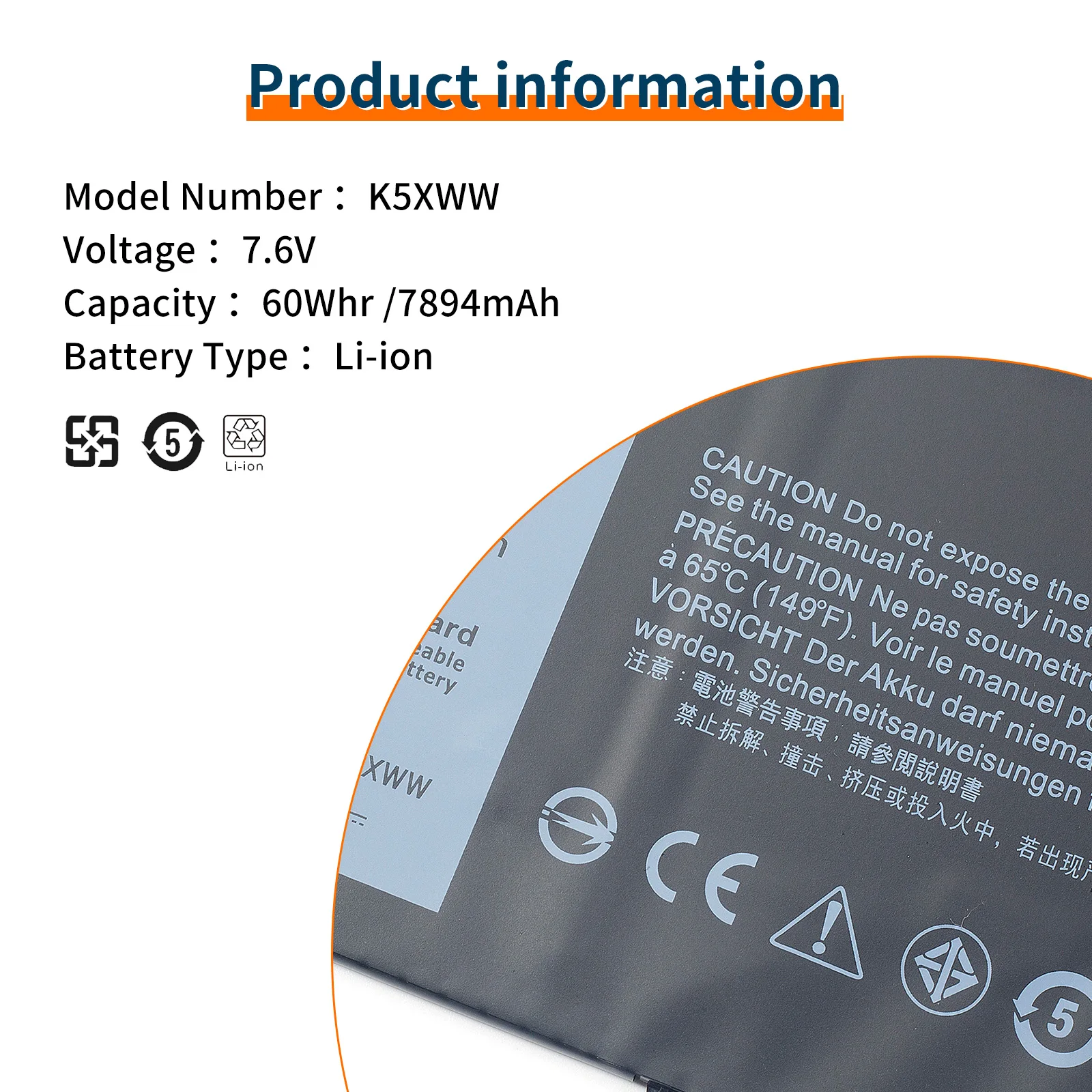 بطارية كمبيوتر محمول أصلية K5XWW ، بطارية Dell Latitude 12 الأصلية ، من أجل ، من من من من من من من من نوع 12 ، ومن أجل ، من من من نوع 2 في 1 ، ومن نوع K5XWW ، ومن نوع V ، ومن 60Wh ، جديدة