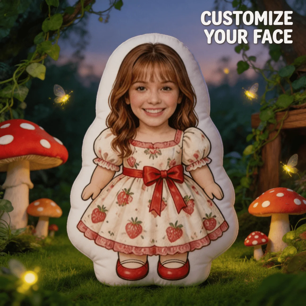 Custom Photo Shaped Pillow, Personalized Face In Strawberry Dress Decorative Cushion, 70cm Unique Home Decor Accent for Sofa & B