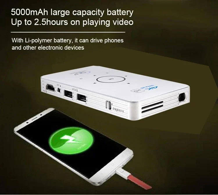 Yinzam P06 Mini projektory przenośne, panel dotykowy 5000 mAh Power Bank obsługa zewnętrzna 4K wideo 3D Android 9 BT5 2 GB/32 GB Beamer