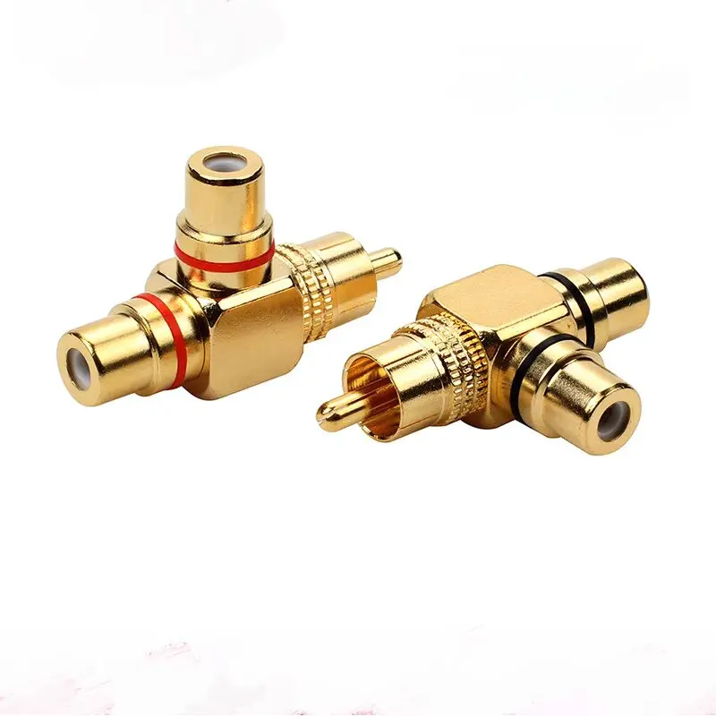 All copper gold-plated lotus three-way head double audio RCA one to two one male two female head male to female AV adapter