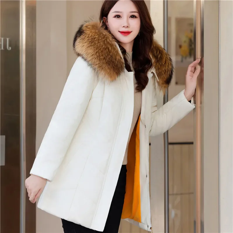 Winter New Leather Down Cotton-Padded Jacket Women Overcoat Mid-length Thicke Warm Parka Fur collar Hooded Leather Cotton Jacket