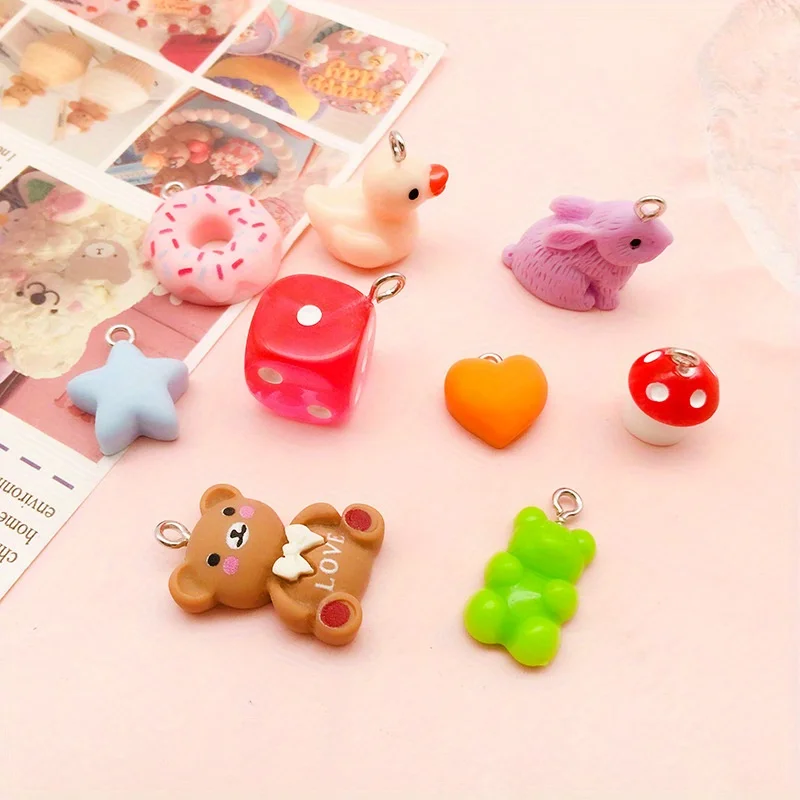 

10Pcs Imitation Animal Duck Bear Mushroom Donut Charms Beads DIY Keychains Necklace Bracelet Resin Charms for Jewelry Making