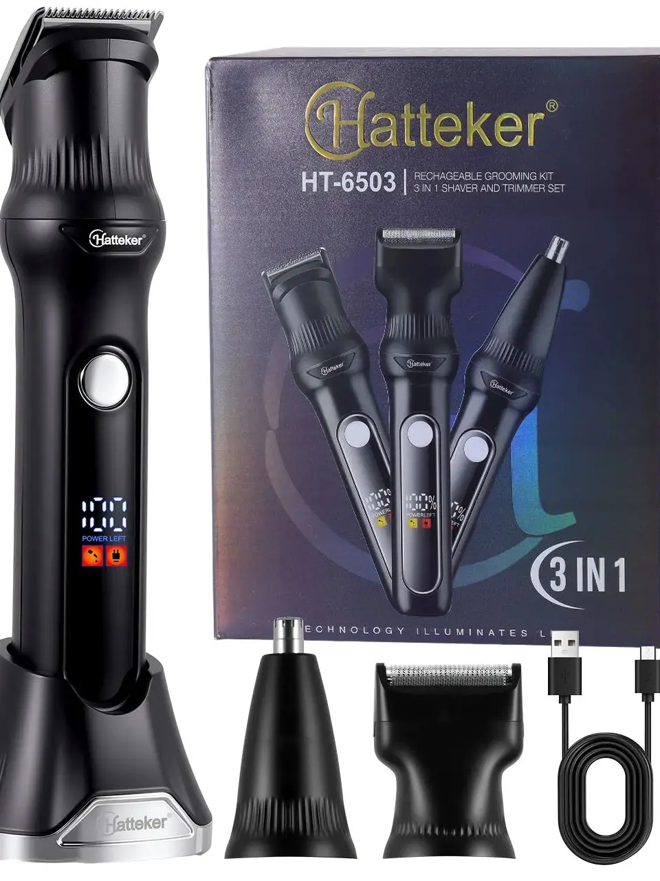 Hatteker 3-in-1 Digital-Display Haarschneider mit Magnetischer Klinge Elektrischer Bartschneider für Männer