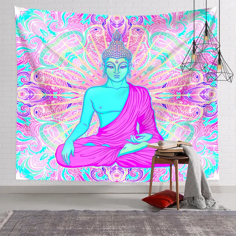 VIKAMA Colorful Buddha Figure Tapestry Wall Hanging Pastel Neon Mandala Swirl Boho Psychedelic Aesthetic Wall Art Dorm Decor