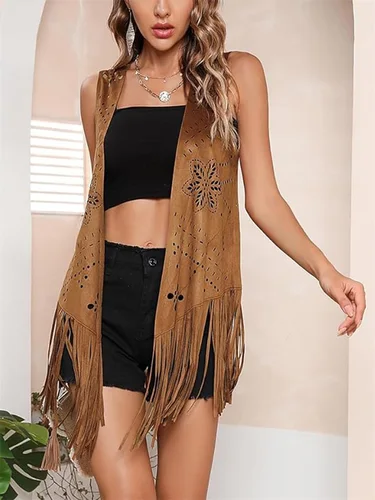Imagen 2 del producto Chaqueta larga con flecos para mujer, chaleco Vintage de gamuza sintética sin mangas con borlas y parte delantera abierta, cárdigan, ropa de disfraz Hippie de los años 70