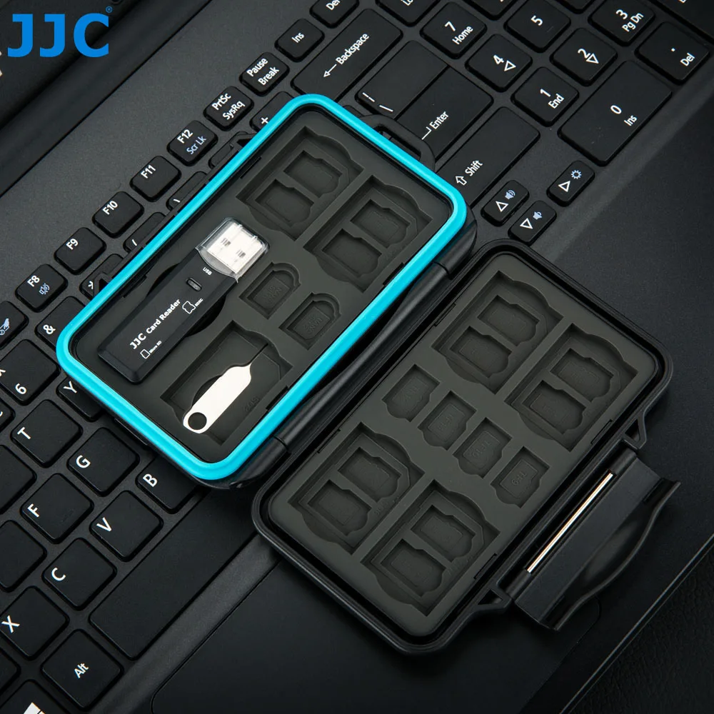 JJC TF MicroSD Card Case with Card Reader&Sim Card Pin Waterproof Memory Card Holder for SD/ Micro SD/ Micro SIM/ Nano SIM Cards