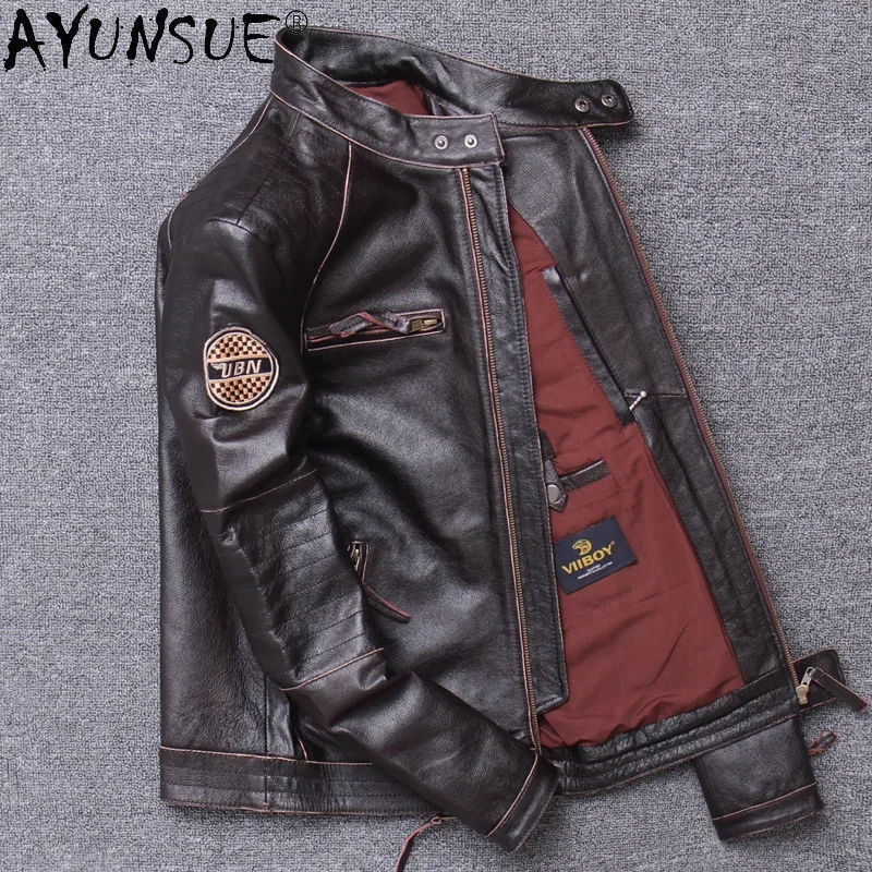 AYUNSUE Spring 100% Geunine Leather Jacket Men Autumn Motorcycle Coat Slim Cowhide Jackets Mens Clothes Chaquetas Hombre WPY4126