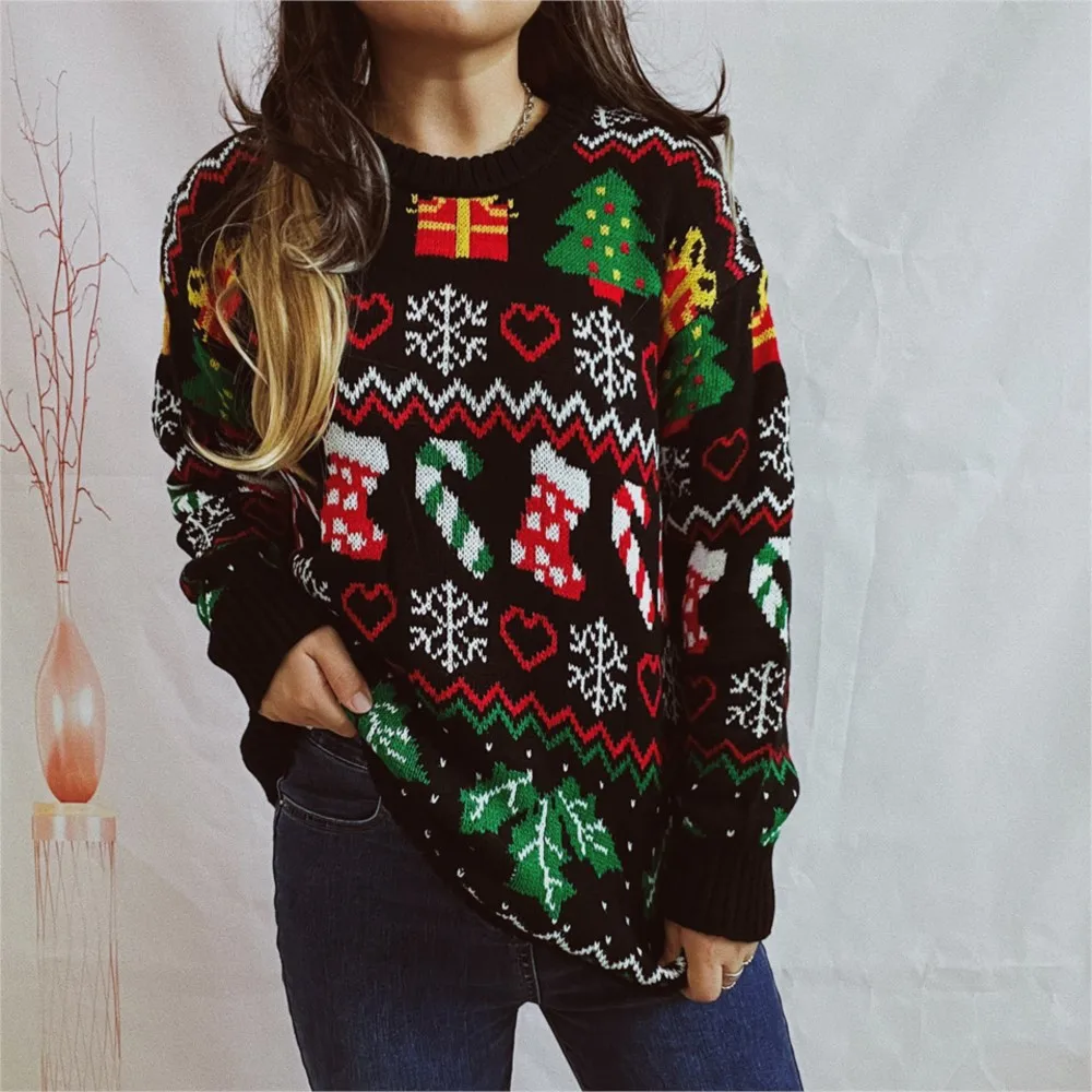 2024 Christmas Sweater Woman Knitted Vintage Xmas Printing Cute Casual O Neck Loose Trendy Autumn Winter Sweater Jumpers