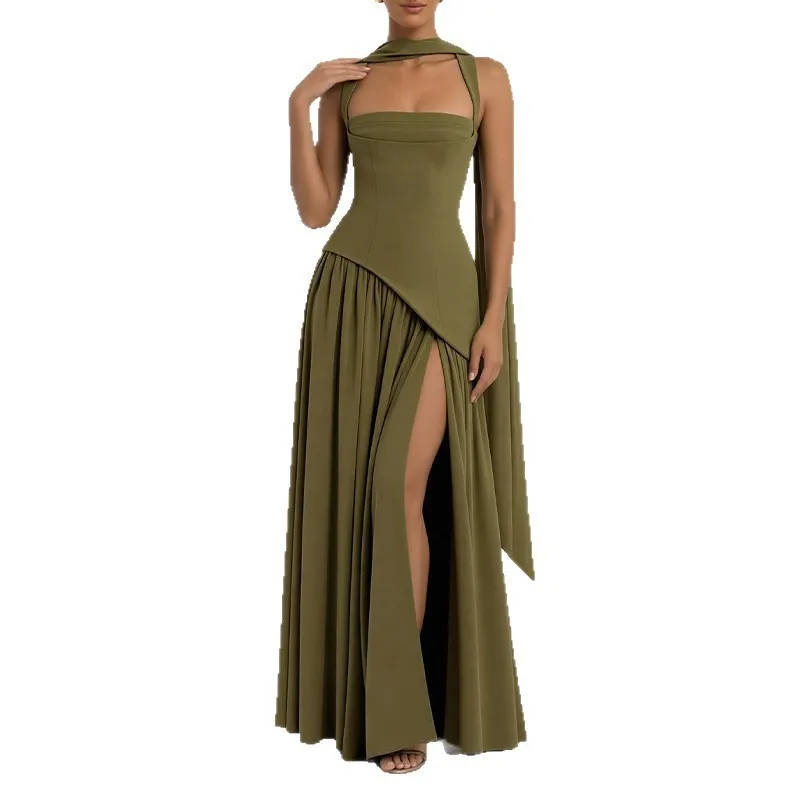 Women's Elegant Pleated Bodycon Dress for Wedding Guest Summer Party – Long High Waist V Neck Sleeveless Slit Solid Dress