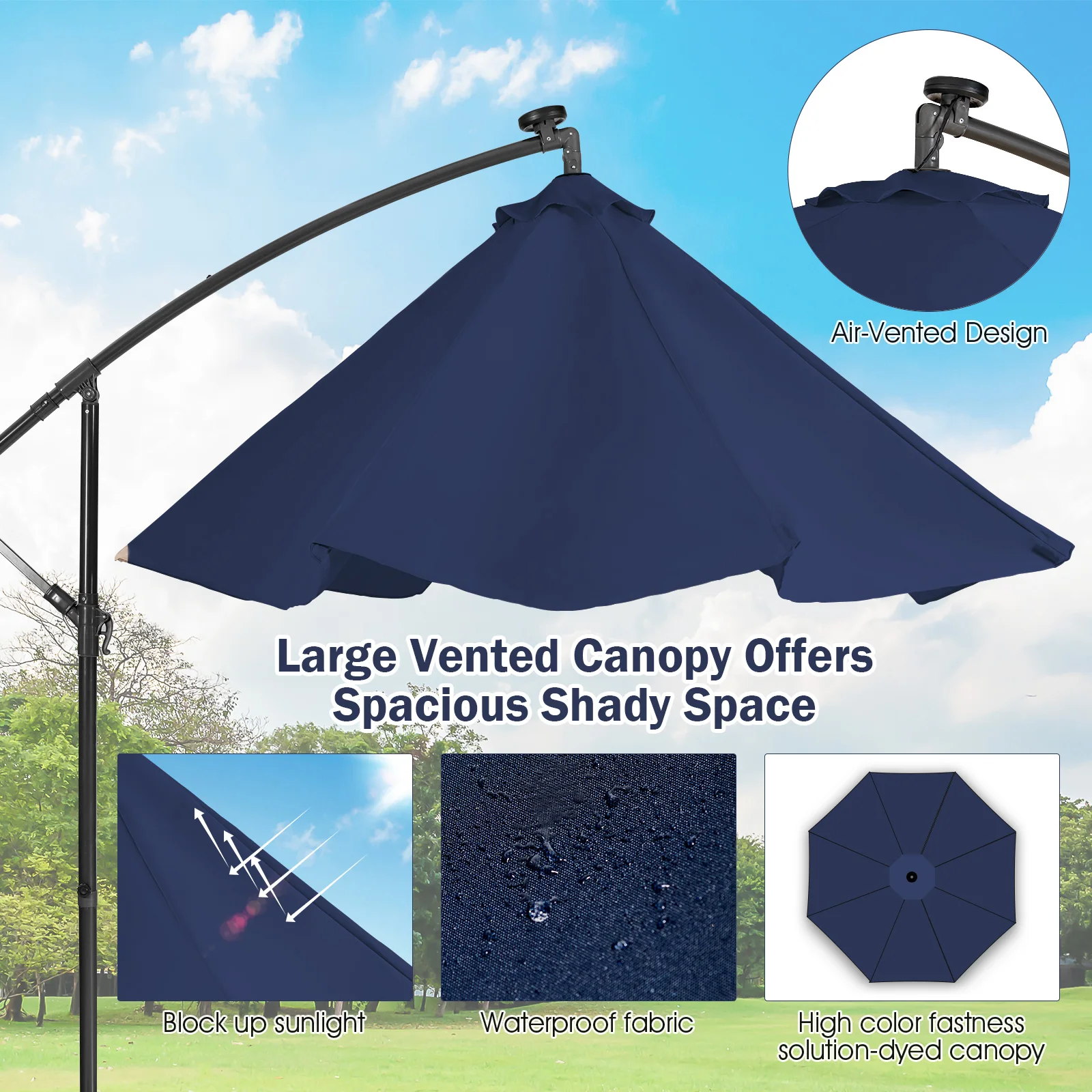 10FT Cantilever Solar Powered 32 LED Lighted Patio Offset Umbrella Outdoor Navy