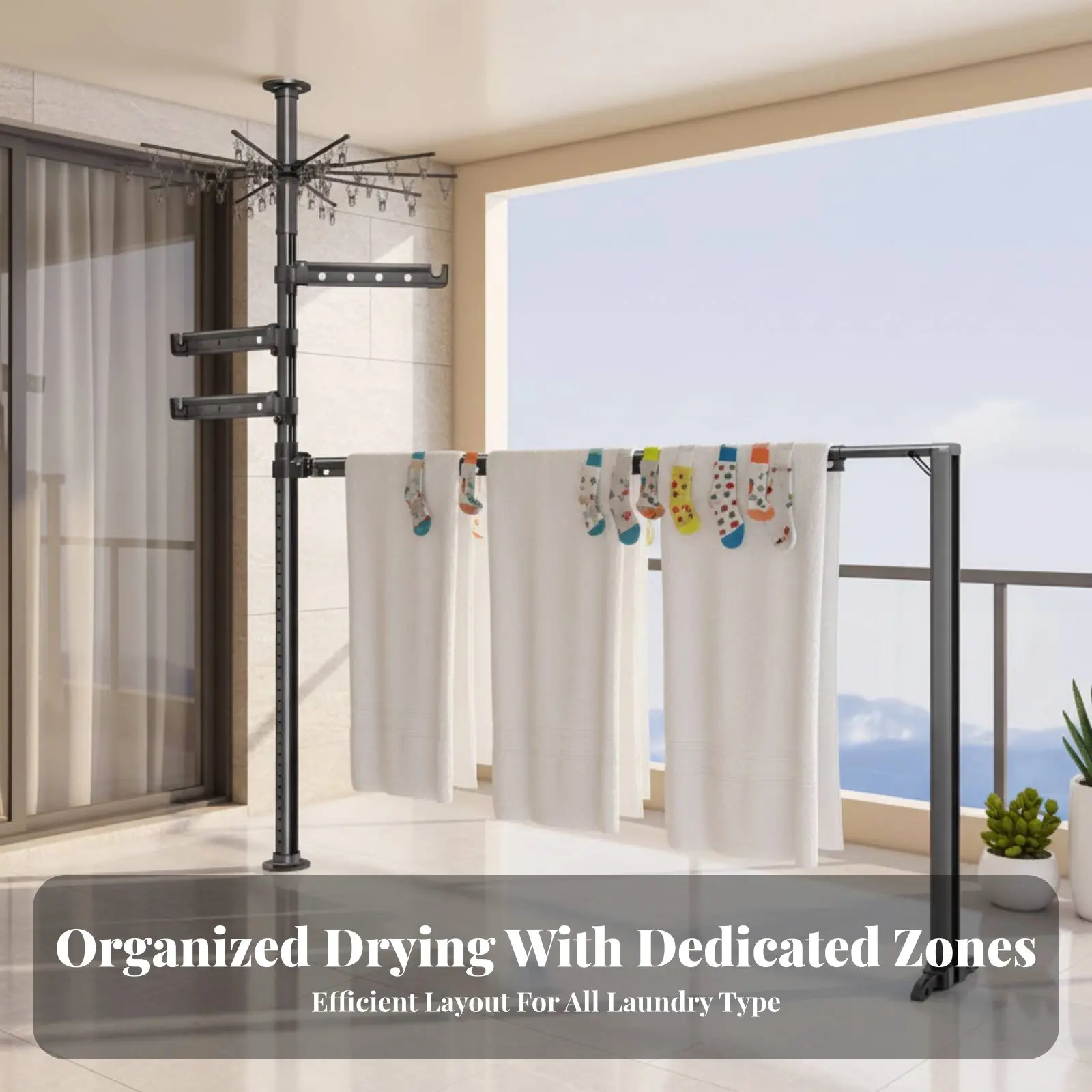

Floor-to-Ceiling Tension Pole Robust-Duty Clothes Drying Rack Space-Saving High Capacity for Apartment Dwellers, Balcony