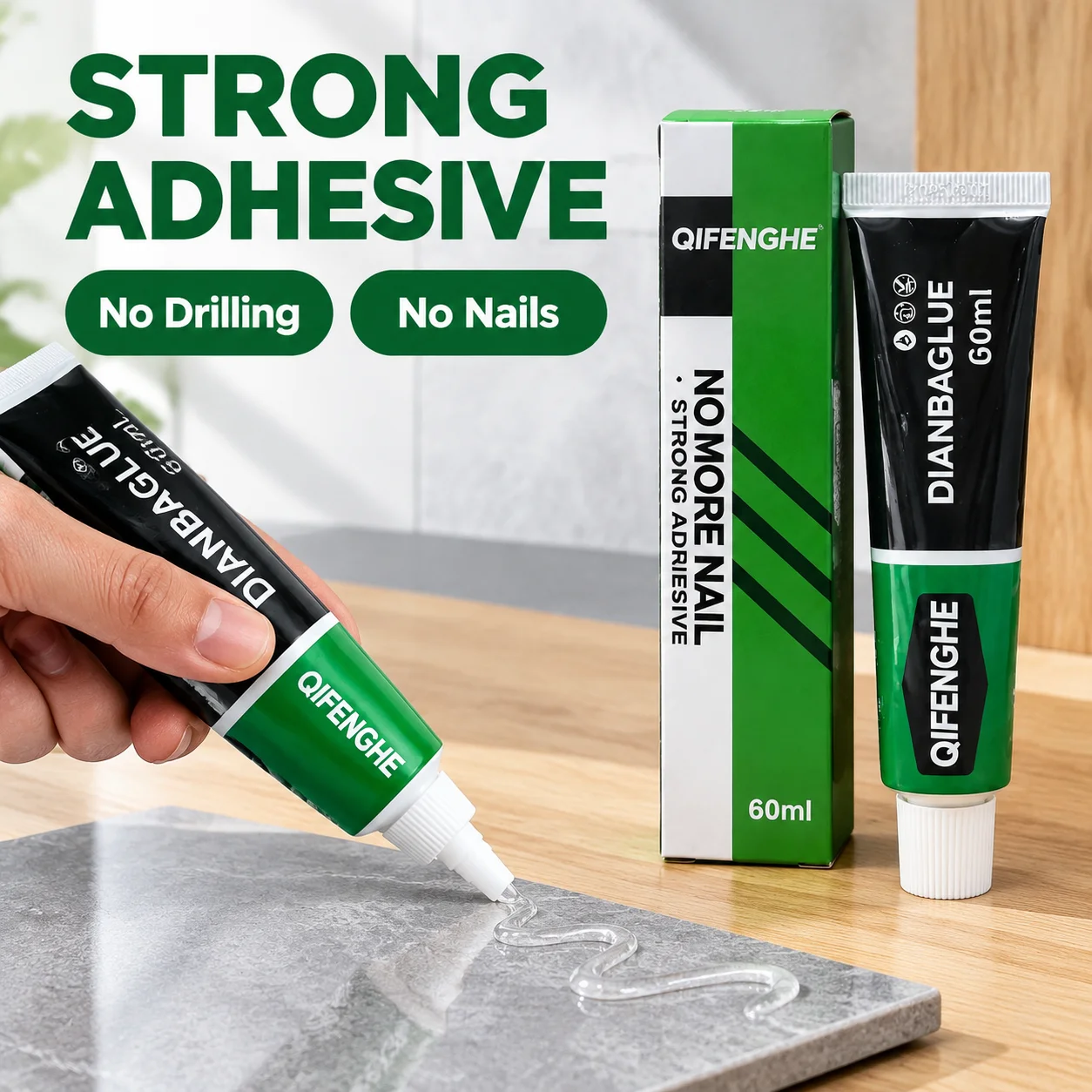 Strong nail-free adhesive, box-packed, no drilling required, transparent glass glue with superadhesion, scratch-resistant auxili