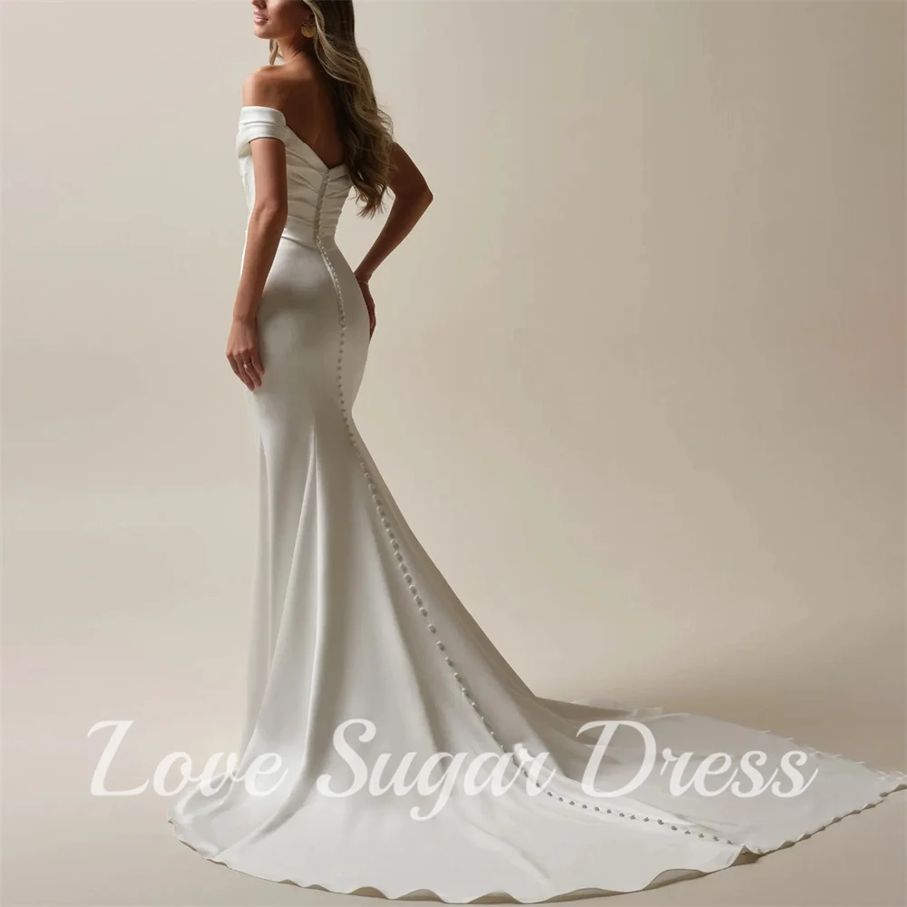 Elegant Mermaid Satin Wedding Dresses Off Shoulder V Neck Bridal Gown Pleated Long Train Bride Dress vestidos para mujer