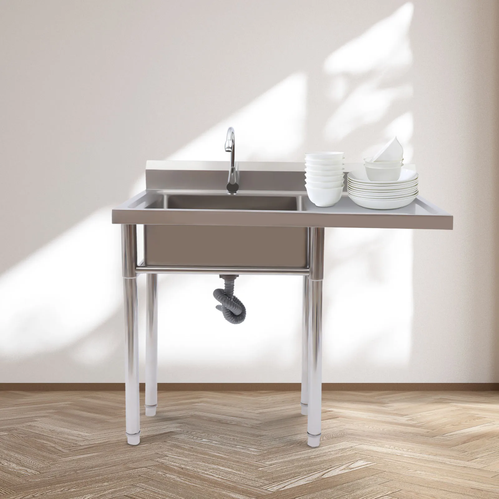 

Large Stainless Steel Utility Sink with Faucet Free Standing Kitchen Sink 360° Sprayer Anti-Splash Backsplash for Home Laundry R