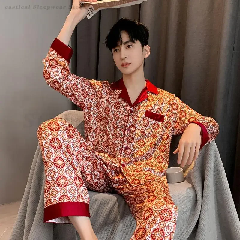 Men's Shirt&Pants Pajamas Set Male Satin Print Sleepwear Loose Casual Nightwear Plus Size 3XL Faux Silk Lounge Wear Home Clothes