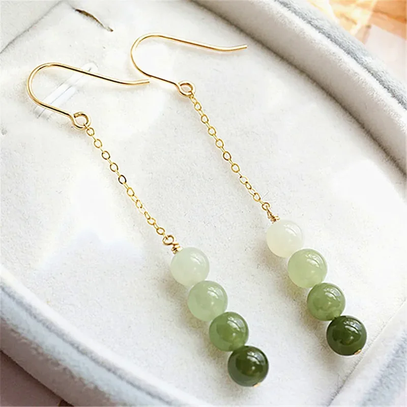 New Hetian Jade Bead Drop Long Earrings for Women Green Gradient Beads Dangle Earrings Can Be worn Without Pierced Ears Jewelry