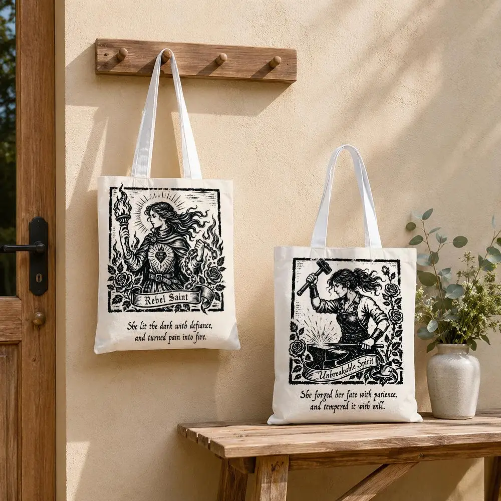 Warrior Maiden Woodcuts Storage Bags Tote Bag Reusable Shoulder Shopping Foldable For School Work Travel Daily Use
