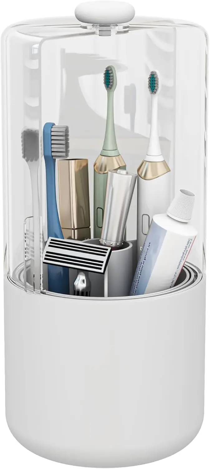 

Toothbrush Holder with Cover 360 Rotating 4 Compartments Bathroom Toothpaste Electric Toothbrush Organizer, White