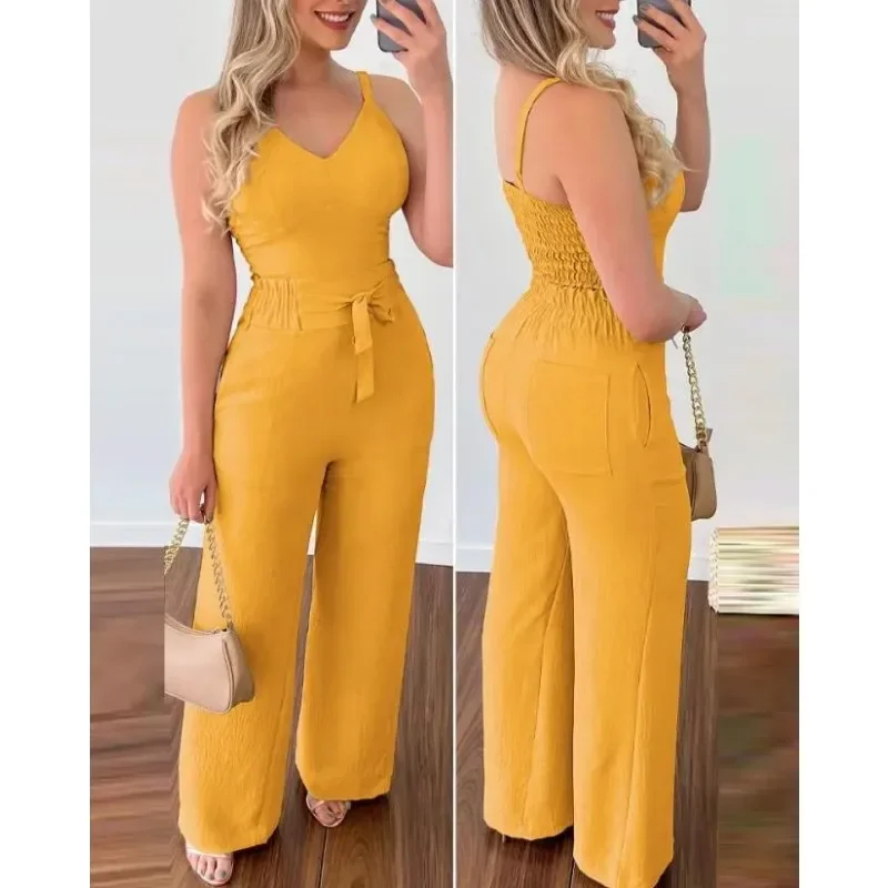 Summer Woman Long Jumpsuits Elegant Sexy V-Neck Shirred Cami Top & High Waist Pants Set New Fashion Casual One Pieces