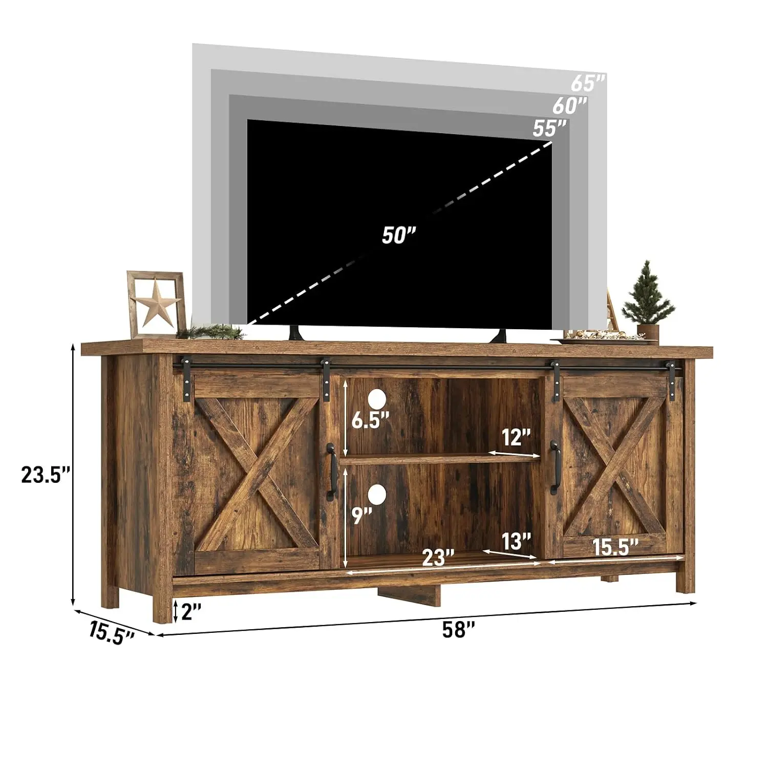 Farmhouse TV Stand 65 Inch Sliding Barn Door Rustic Wood Media Console Cabinet Living Room, Customized
