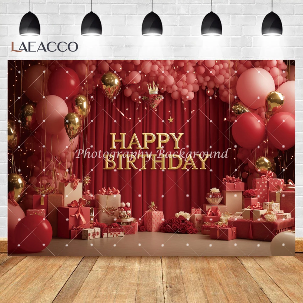Happy Birthday Red Balloons Gift Photography Background Luxury Sofa Cake Decoration Women Birthday Party Portrait Photo Backdrop
