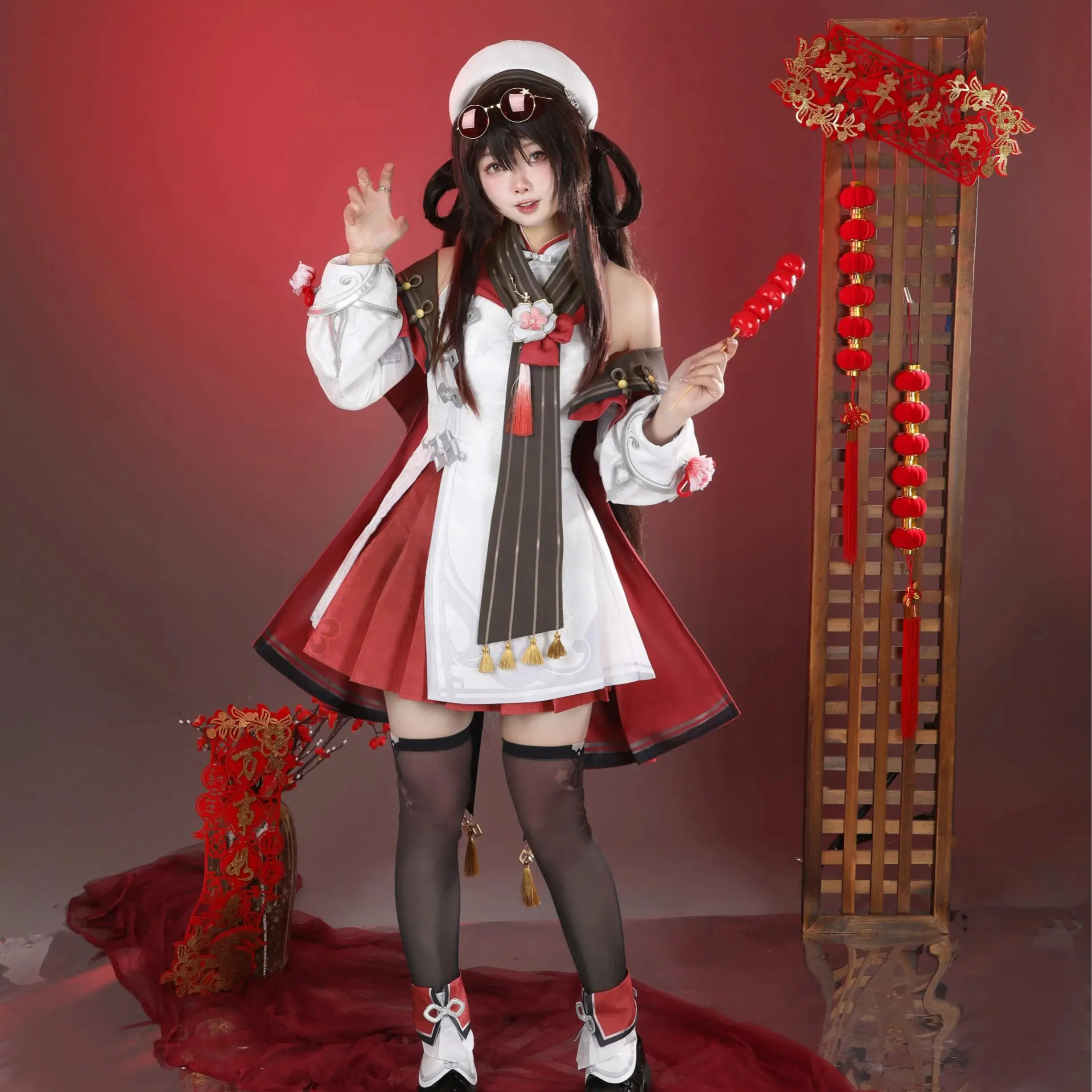 

HuTao Cosplay Costume Game Genshin Impact Collab Series: Cherries Snow Laden Embroidered Outfit For Comic Con Party