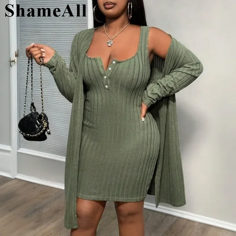 Women's Plus Size V-neck Tank Dress Two-piece Set Elegant  Buttoned Ribbed Long Sleeve Open Front  Coat Plus Size Dresses Sexy