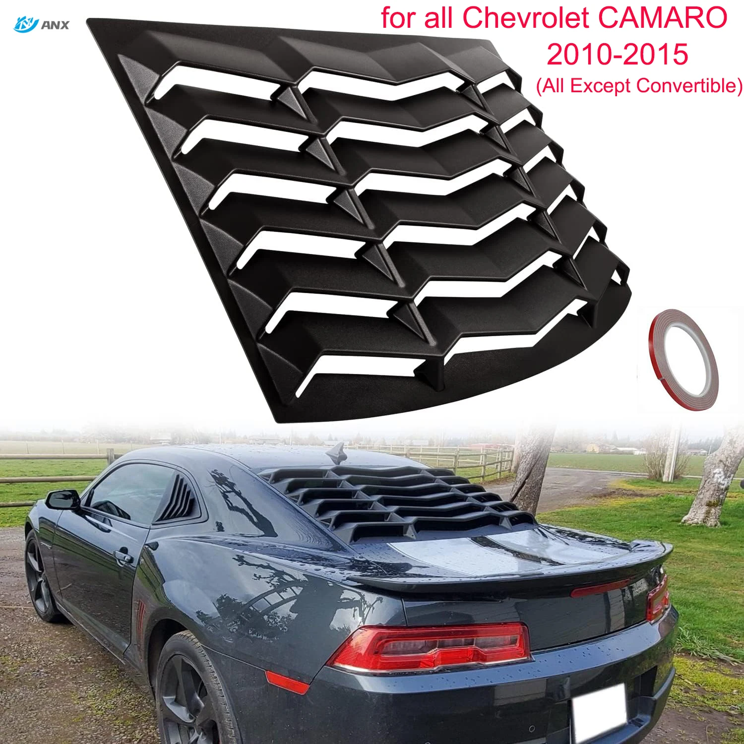 ANX Rear Window Windshield Louver Sun Shade Cover Matte Black in GT Lambo Style for Chevy Chevrolet Camaro 2010-2015 With 3MTape