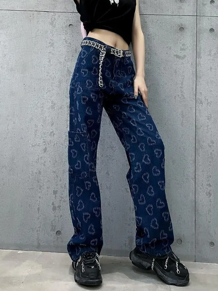 Retro Jeans Women's Spring/Summer New Love Print Wide Leg Pants Korean High Waist Loose fitting Fashion Casual Denim Pants