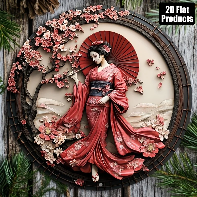 Elegant Japanese Kimono Wall Art -  Round Metal Sign with Tranquil Woman in Red Kimono & Cherry Blossoms, Ideal for Home